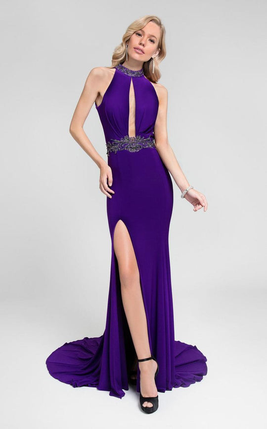 Terani Couture - Illusion Front Cutout Halter Style Mermaid Prom Dress 1712P2464 In Purple