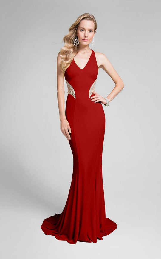 Terani Couture - Alluring Beaded V-neck Mermaid JerseyGown 1712P2481 In Red