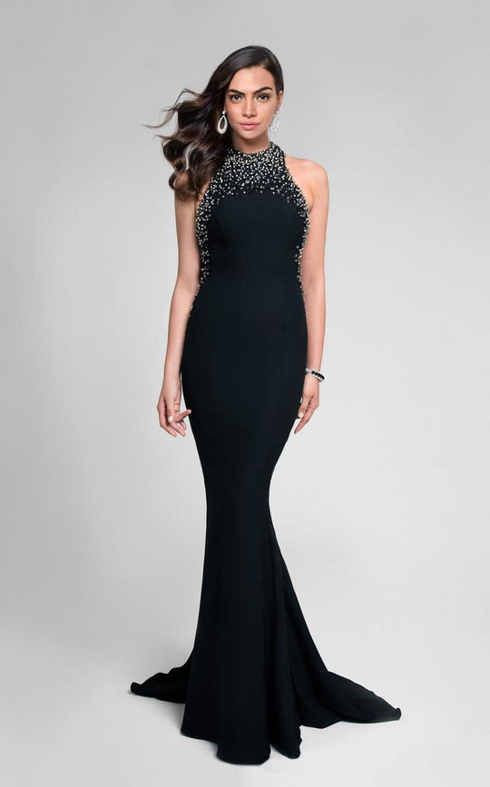 Terani Couture - Crystal and Pearl Halter Fit and Flare Prom Gown 1712P2534 In Black