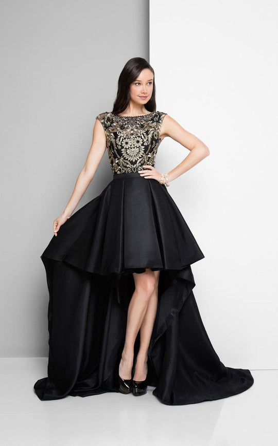 Terani Couture - Dimensional Hi-low Gown with Train 1712P2538 In Black and Gold