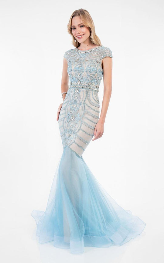 Terani Couture - Elegant cap-sleeve Beaded Mermaid Gown 1712P2635 In Blue
