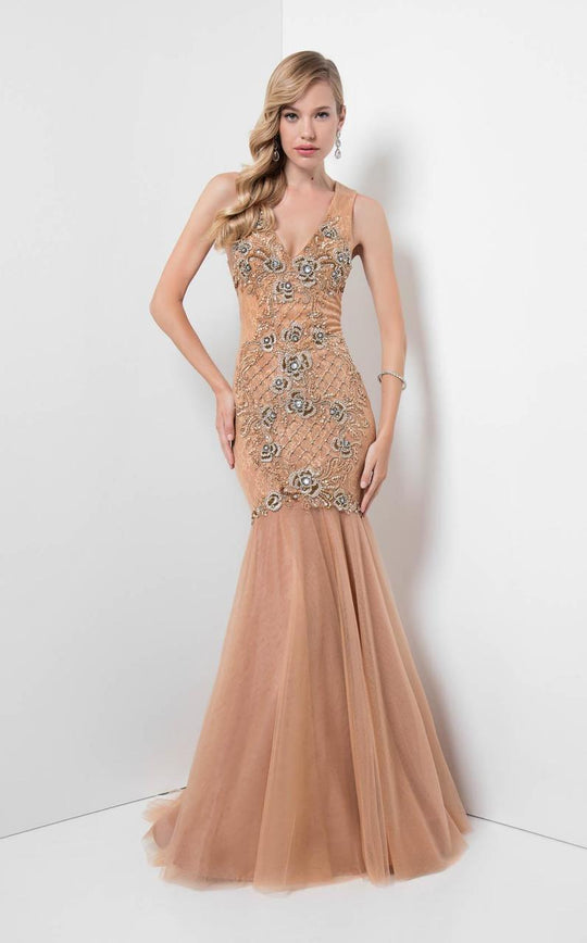 Terani Couture - Luxury Beaded Open-back Trumpet Gown 1712P2637. In Neutral