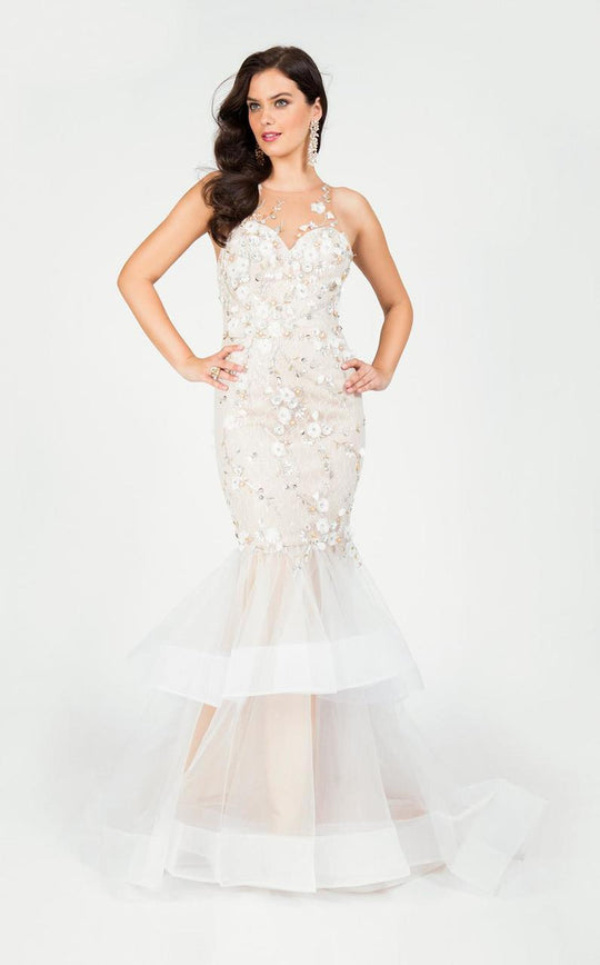Terani Couture - Embroidered Applique Illusion Mermaid Gown 1712P2639 In White