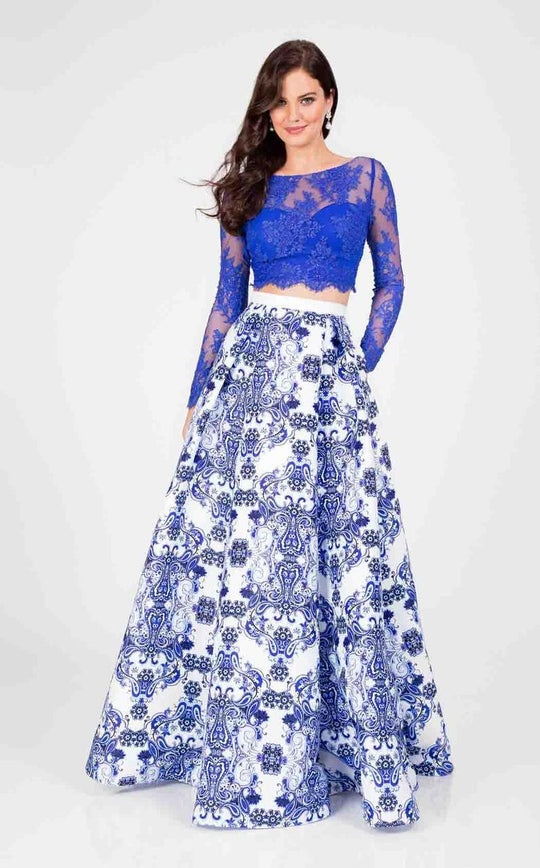 Terani Couture - Illusion and Printed Two-piece Gown 1712P2750 In Blue and White