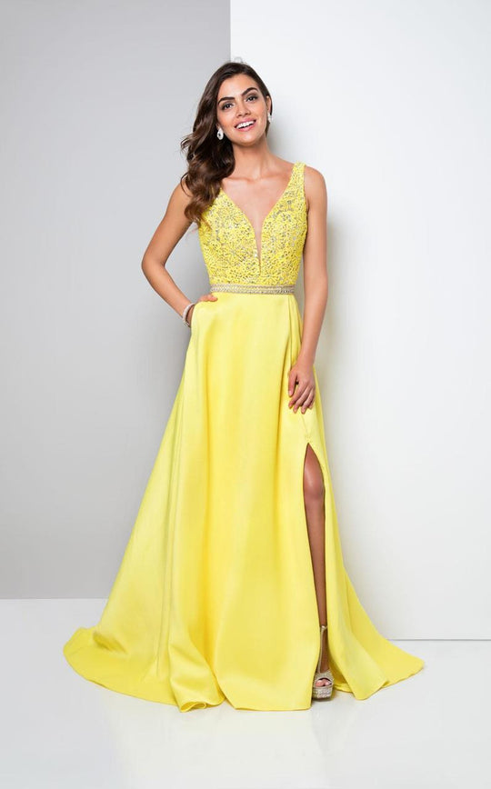 Terani Couture - Jeweled Sleeveless A-line Open Back Dress 1713P2541 In Yellow