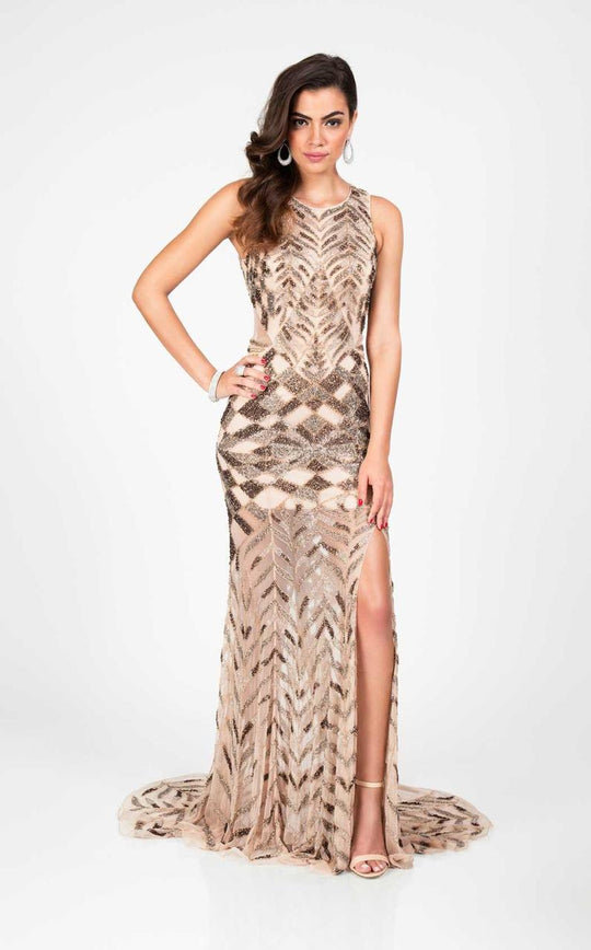 Terani Couture - Sparkly Mermaid Dress with Side Slit and Train 1713P2668 in Gray and Neutral