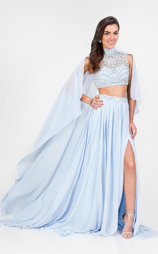 Terani Couture - Bejeweled High Neck Two-piece Chiffon Ball Gown 1713P2787 In Blue