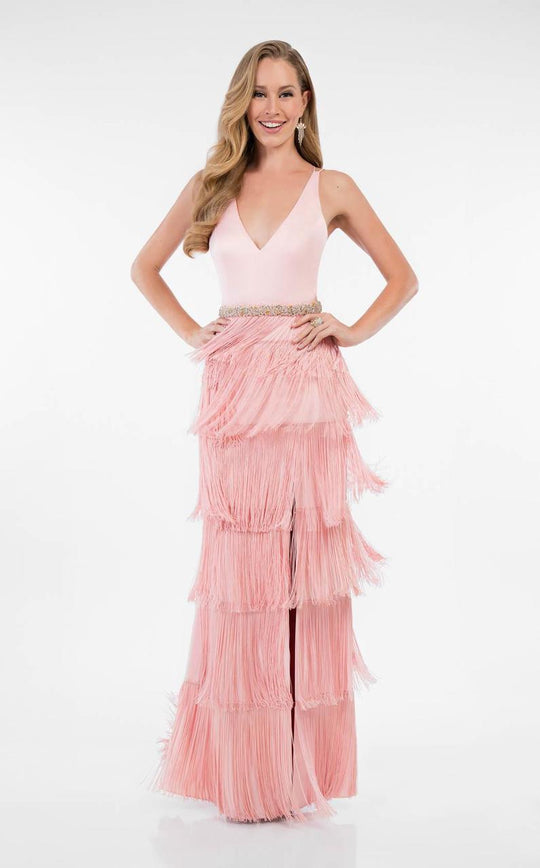 Terani Couture - Gorgeous Fringe Dress with Side Slit 1715P2972 in Pink