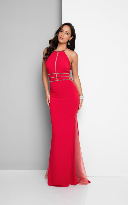 Terani Couture - Sexy Beaded Halter Neck Fit and Flare Jersey Gown 1715P2980 In Red