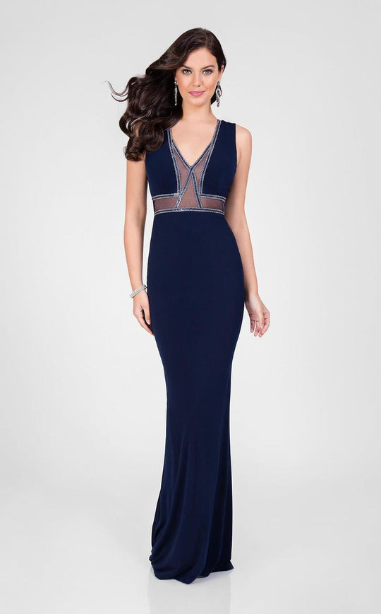 Terani Couture - 1715P2997 Ornate Illusion Panel Sheath Gown In Blue