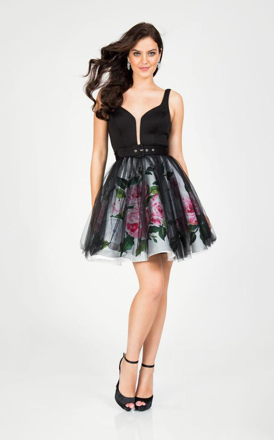 Terani Couture - Pleated Floral Print A-Line Cocktail Dress 1715P3819 in Black and Multi-Color