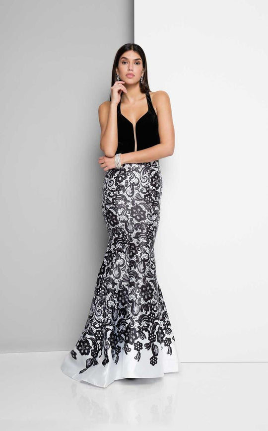 Terani Couture - Contrast Lace Print Satin Mermaid Dress 1715P3825 in Black and White
