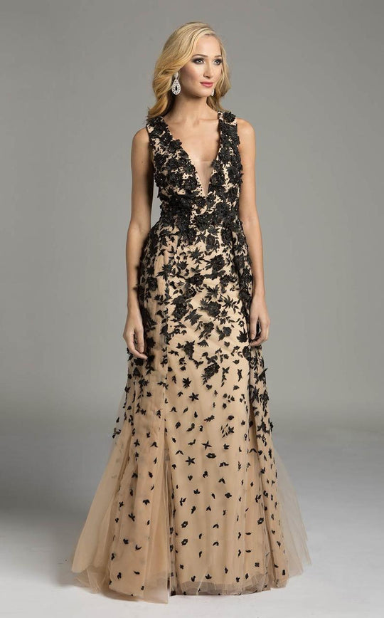 Lara Dresses - Sleeveless Floral V Neck Long Dress 32968 in Nude and Black