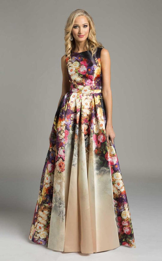 Lara Dresses - 33120 Sleeveless Bateau Neck Floral Long Dress In Neutral