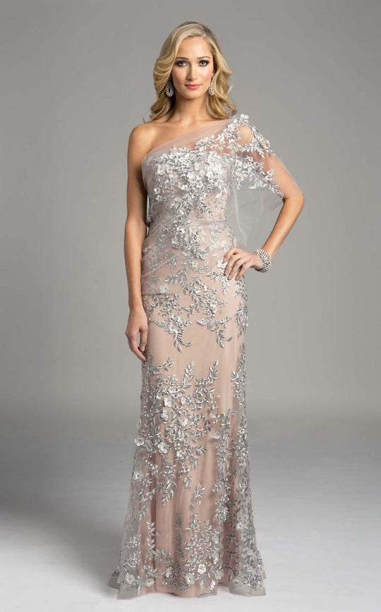 Lara Dresses - 33212 Floral Asymmetric Sheath Dress In Silver