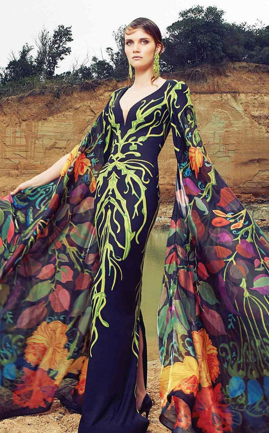 MNM Couture - 2354 Ethereal Long-sleeve Flowing Patterned Gown in Multi-Color