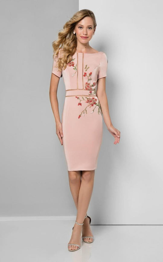 Terani Couture - Chic Rosette Short Sleeved Cocktail Dress 1711C3009 In Pink