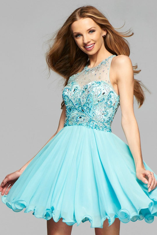 7873 Short Chiffon Cocktail Dress with Beaded Bodice