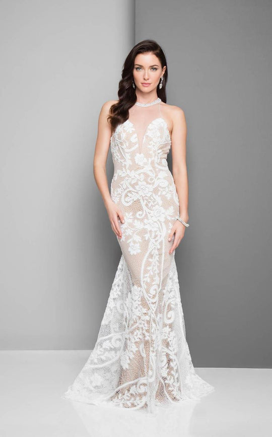 Terani Couture - Sheer Lace Appliqued Trumpet Gown 1711E3160 In White and Neutral