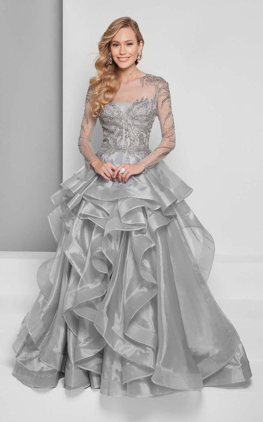 Terani Couture - Illusion Sleeve Ruffled Organza Gown 1711E3213 In Silver