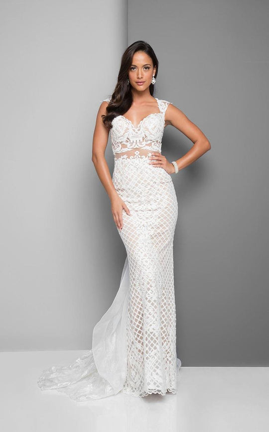 Terani Couture - Scalloped Lace Gown with Embroidered Train In White and Neutral