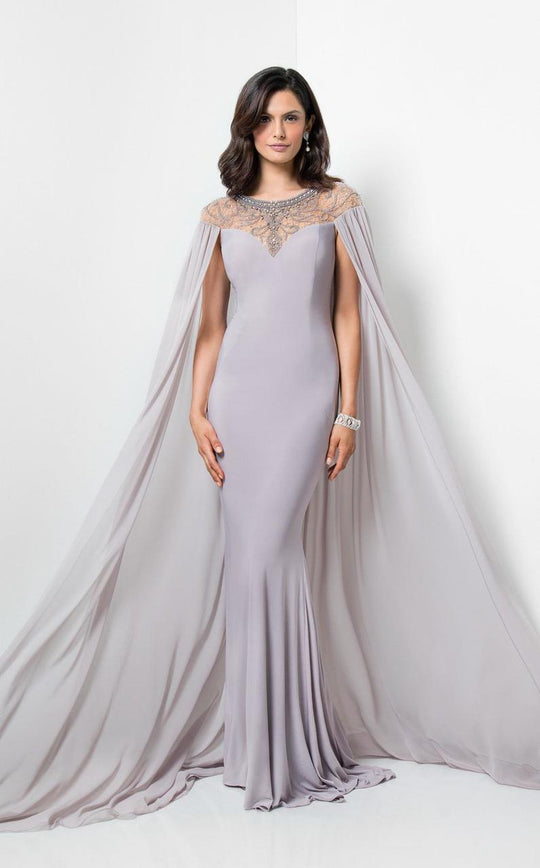 Terani Couture - Beaded Mermaid Gown with Cape 1711M3364 In Gray