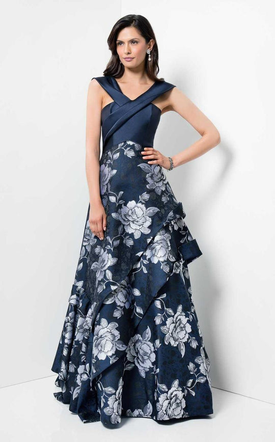 Terani Couture - Portrait Neck Layered Floral Print  A-line Dress 1711M3387 In Blue