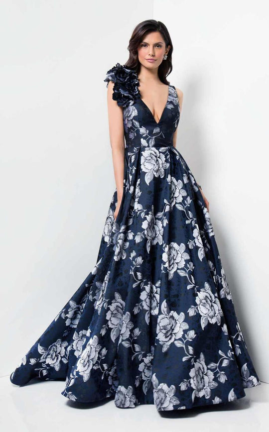 Terani Couture - Scoop Back Floral Print A-line Dress 1711M3388 In Blue