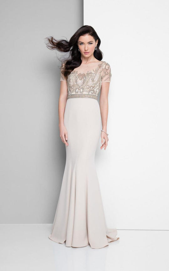 Terani Couture - Beaded Bodice Cap Sleeve Sheath Gown 1711M3402 In Neutral