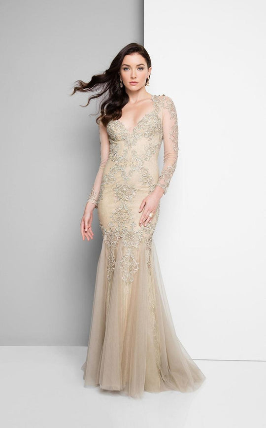 Terani Couture - Long Sleeve Beaded Applique Mermaid Dress 1711M3407 in Neutral