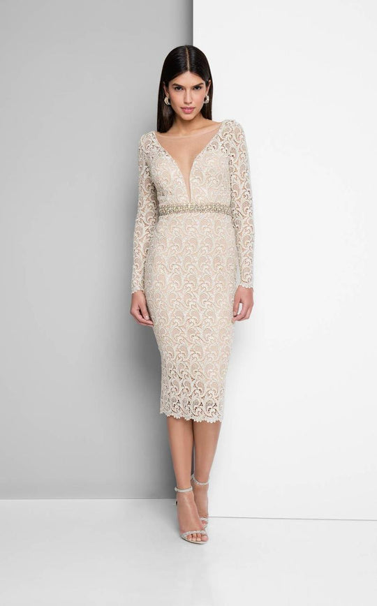 Terani Couture - Long-sleeve Scoop-back Cocktail Dress 1712C3054 - In Neutral