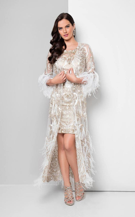 Terani Couture - Ensembled Two Piece Dress with Embroidered Overcoat 1712C3055 In White and Gold
