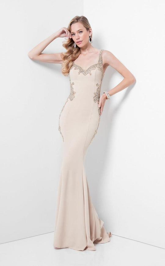 1712E3268 Ornate Paneled Mermaid Gown in Champagne