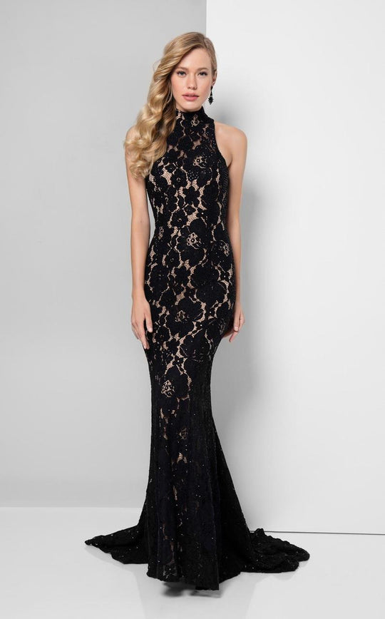Terani Couture - High Necked Lacy Mermaid Gown 1712E3271  In Black