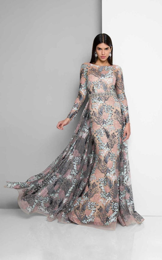 Terani Couture - Long-sleeve Ilusion Open Back Gown 1712E3272 In Pink and Multi-color