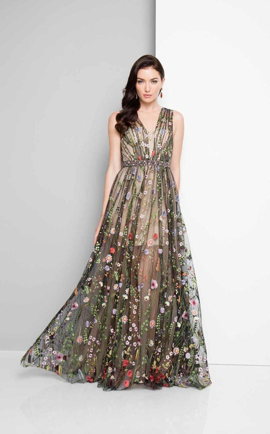 Terani Couture - Shirred Patterned Illusion Gown  1712E3645 In Black and Multi-Color