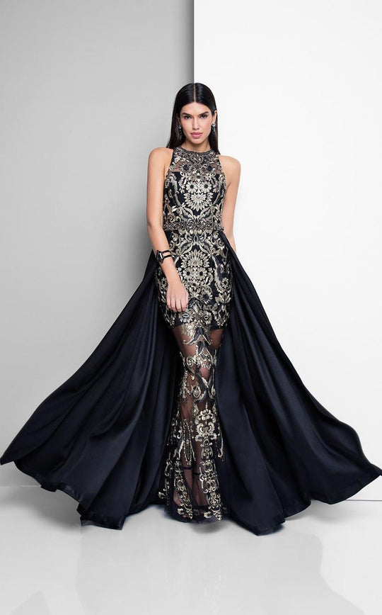 Terani Couture - Stunning Sleeveless Bateau Neck Polyester Mermaid Gown 1712E3648 In Black and Gold