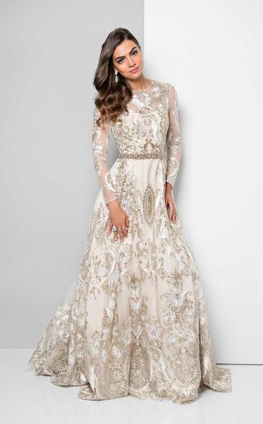Terani Couture - 1712E3652 Metallic Appliqued Illusion Gown In White and Gold