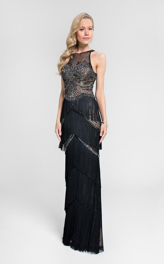 Terani Couture - Fringed Illusion Gown 1712GL3560 in Black