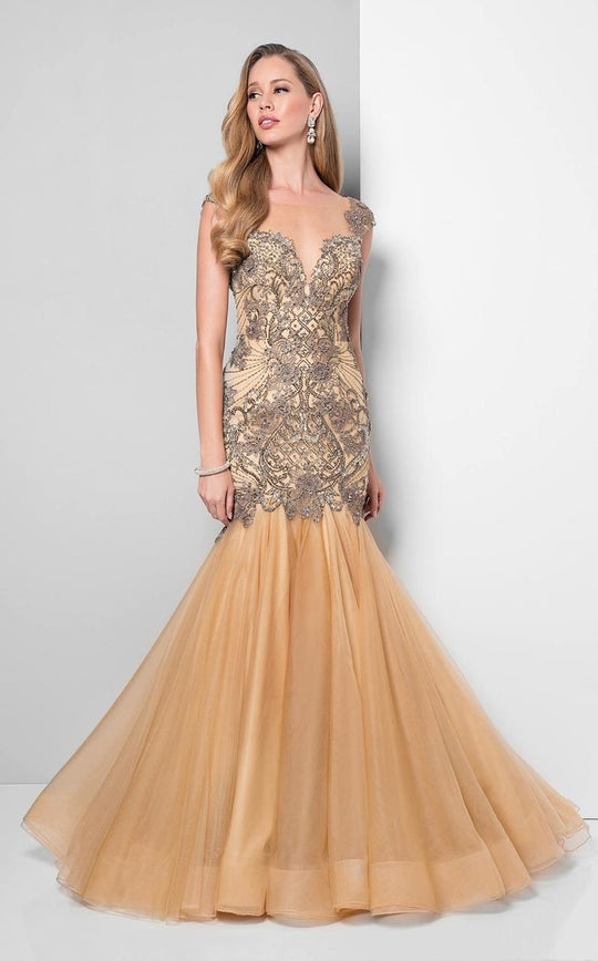 Terani Couture - Embroidered Cap-sleeve Trumpet Gown 1712GL3566 in Brown