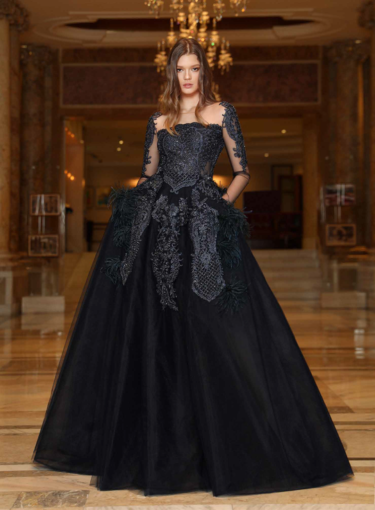 Cristallini - SKA787 Embellished Square Feathered Ballgown In Blue