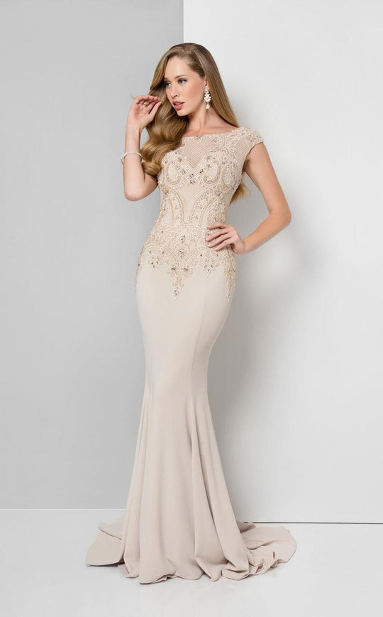 Terani Couture - Cap-sleeve embroidered mermaid gown 1712M3422 in Neutral