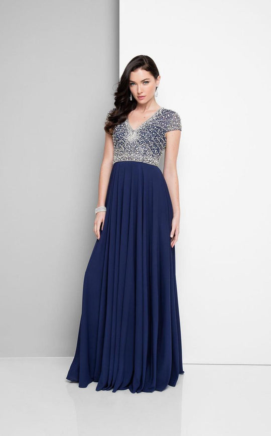 Terani Couture - Embellished V-Neck Chiffon A-line Gown 1712M3429 In Blue