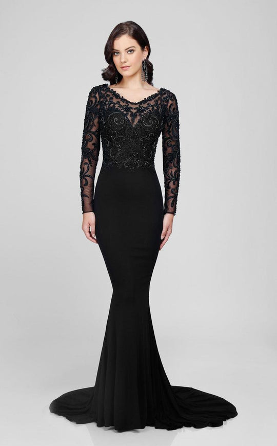 Terani Couture - Dazzling Beaded Illusion Neck Polyester Mermaid Dress 1712M3434 In Black