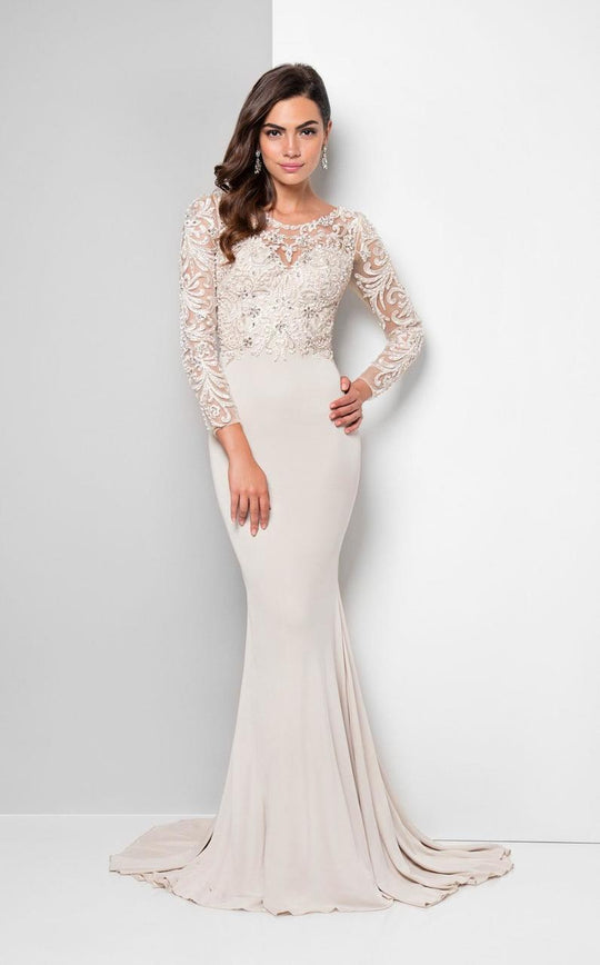 Terani Couture - Embroidered Illusion Bateau Dress 1712M3434W in Neutral