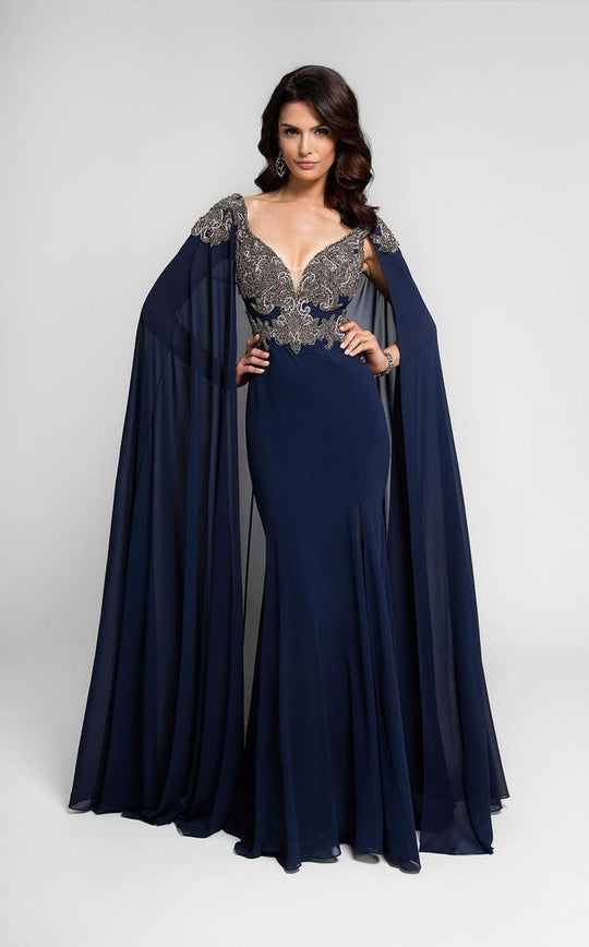 Terani Couture - Bejeweled V-Neck Chiffon Gown With Cape 1713M3469 in Blue