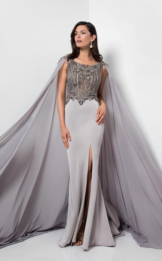 Terani Couture - Embellished Bateau Chiffon Gown with Cape 1713M3470 In Silver