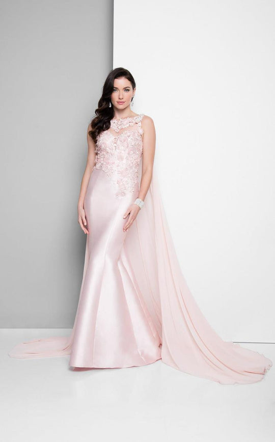 Terani Couture - Shimmering Lacy Mermaid Gown with Cape 1713M3471 in Pink