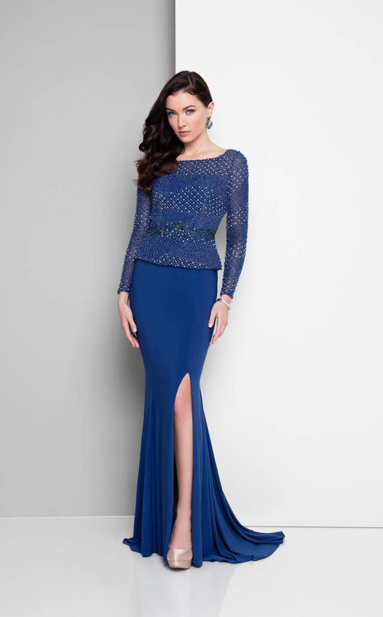 Terani Couture - Long Sleeve Ornate Bateau Mermaid Gown 1713M3474 In Blue