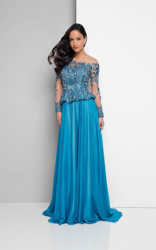 Terani Couture - Bateau Illusion Scalloped Peplum Gown 1713M3477 In Blue and Neutral